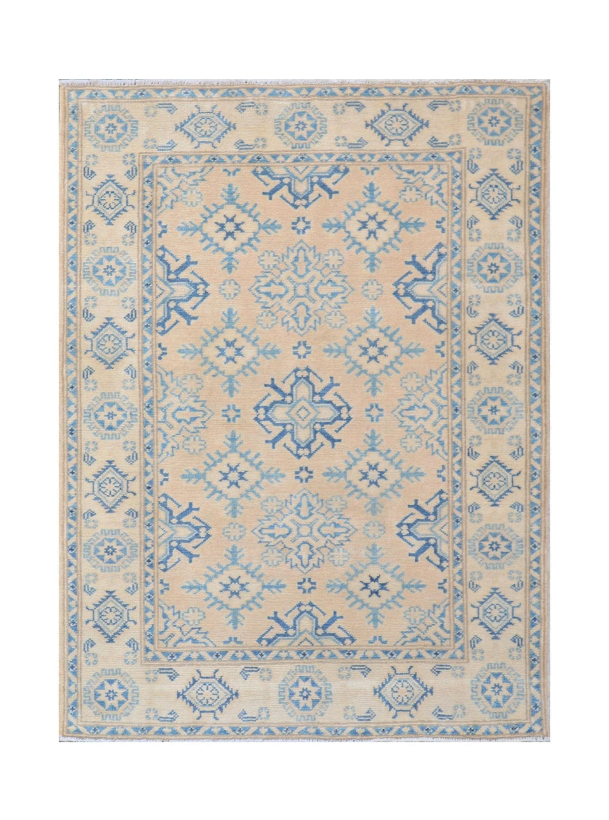 Hand-knotted Afghan Kazakh rug with blue geometric medallions and tribal symbols on a beige wool field with a fringed edge.