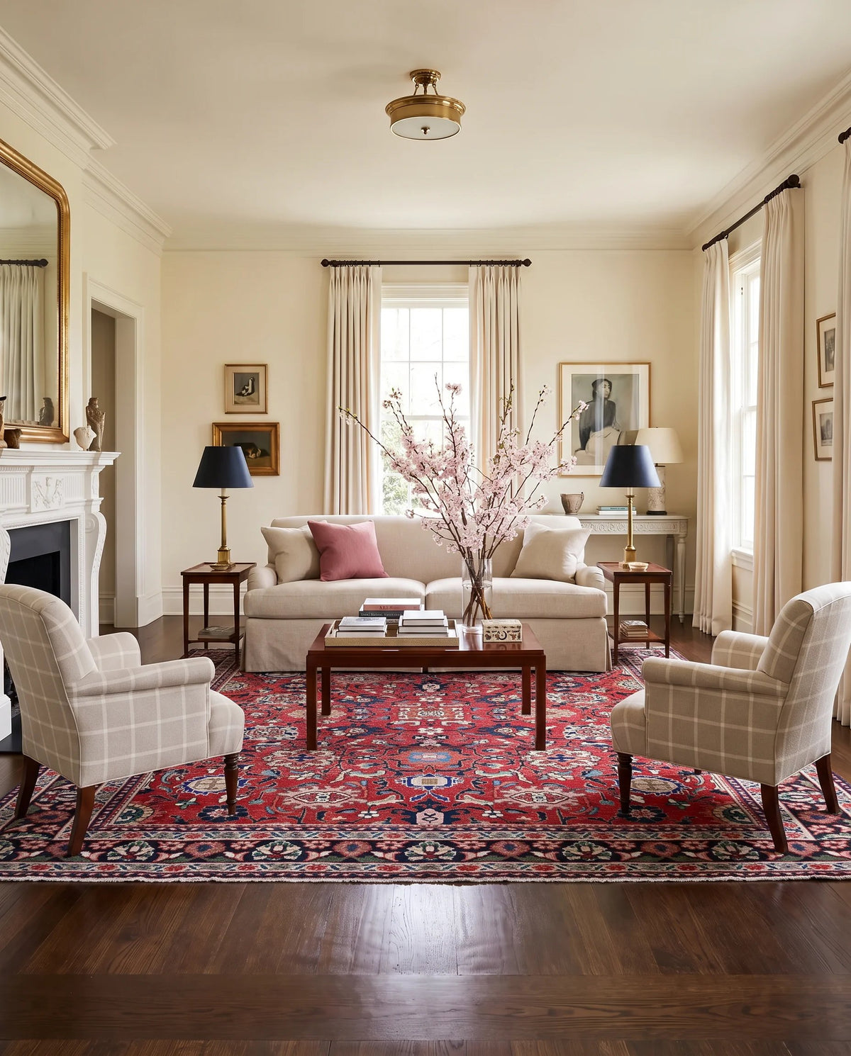 Vintage Persian Bakhtiari rug with a red Khesti garden panel pattern, styled in a bright, traditional living room.