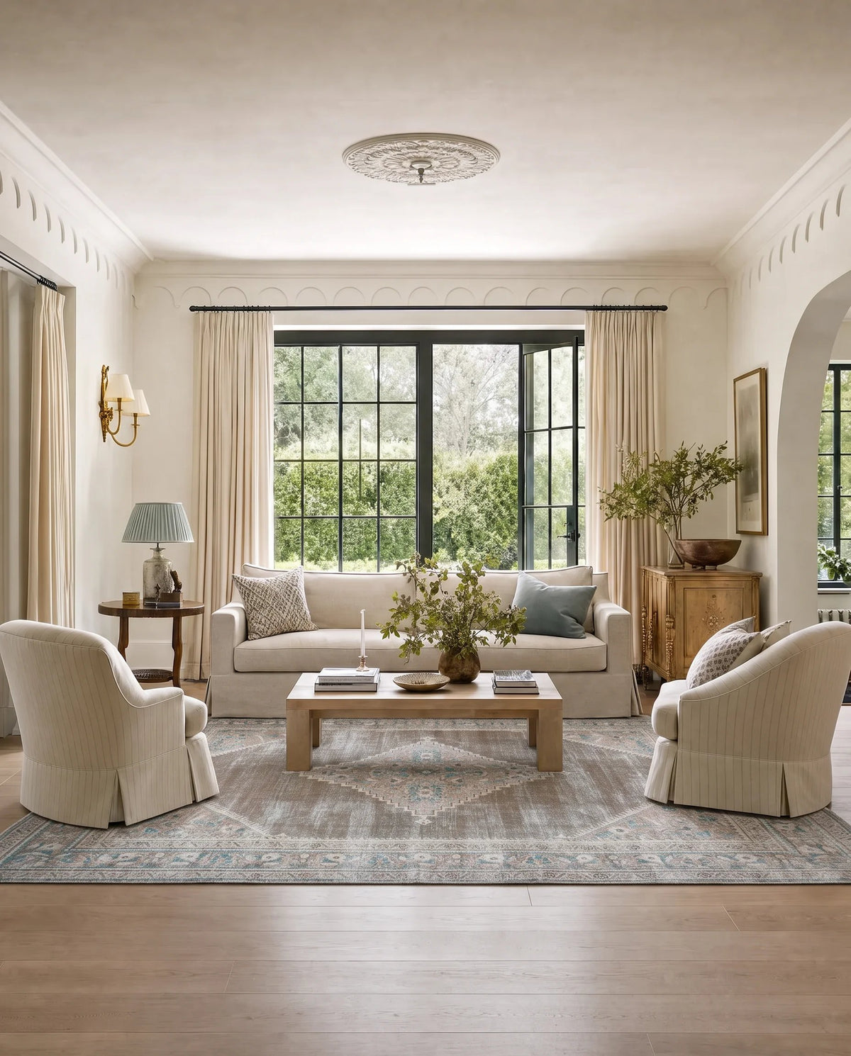 Vintage Persian Mahal rug with floral motifs in soft blue and ivory, styled in a bright, neutral-toned living room.