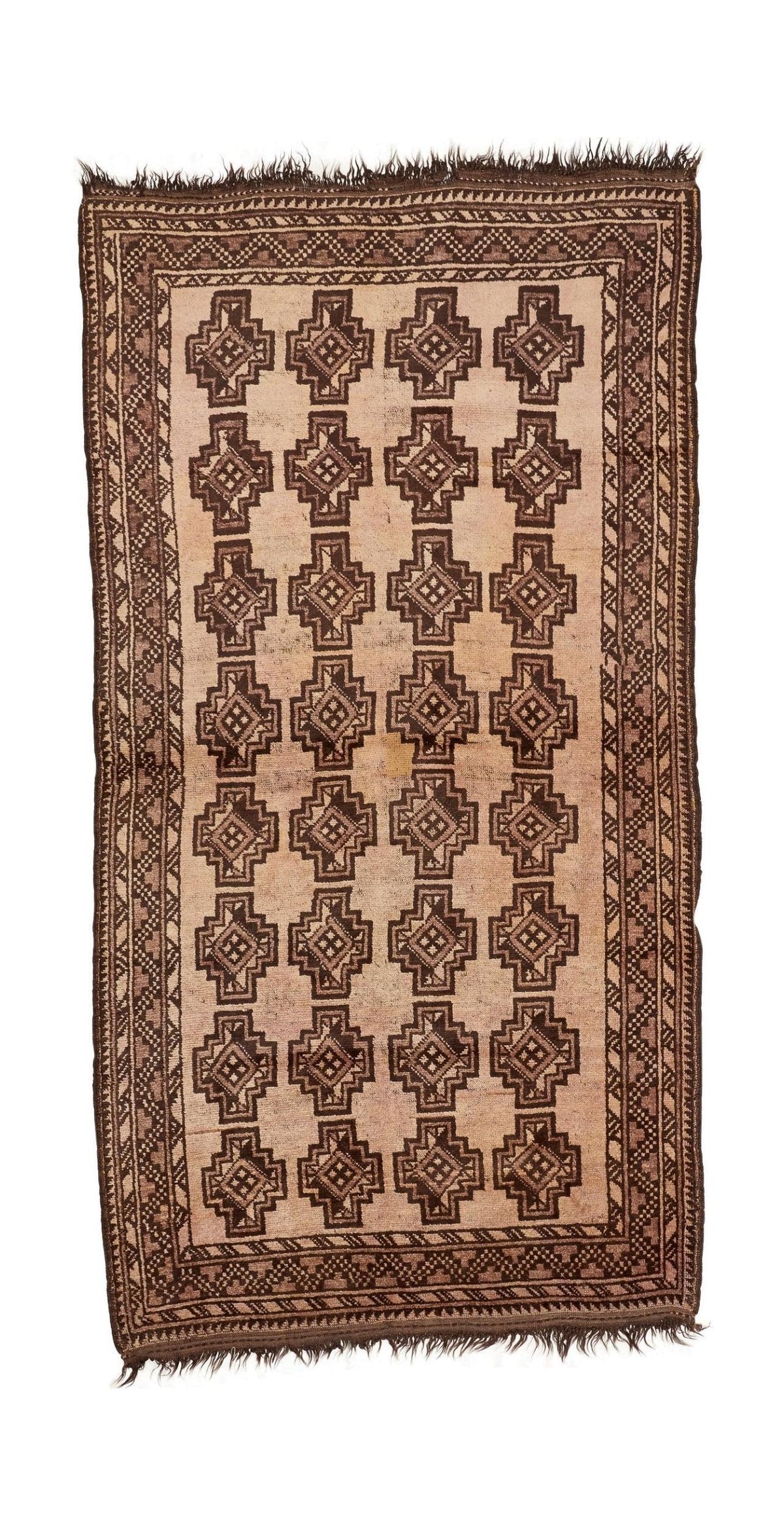 Vintage Afghan Baluch rug with geometric brown medallions on a beige wool field and dark fringed ends.