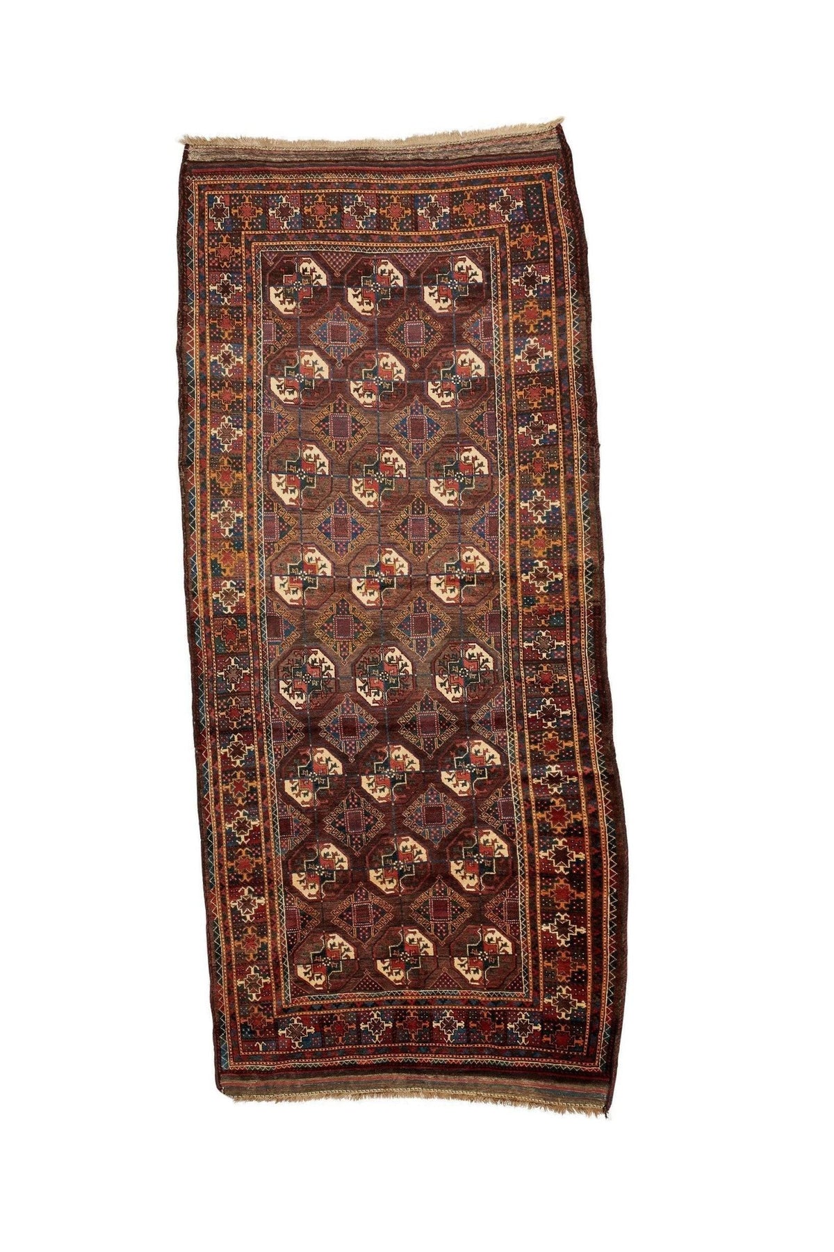 Vintage Afghan Baluch rug with geometric medallions in deep earthy tones, hand-knotted wool with a fringed edge.