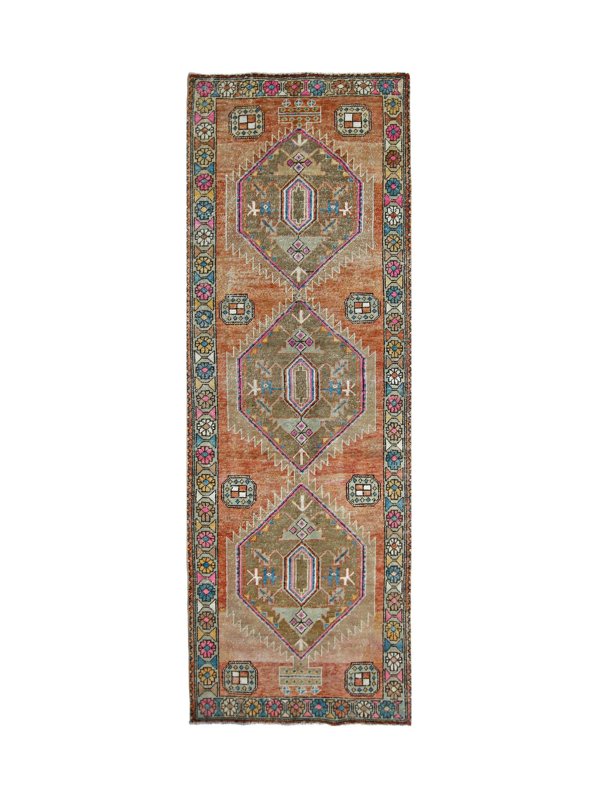 Hand-knotted wool Hamadan runner featuring three large diamond medallions in earthy tones with vibrant floral borders.