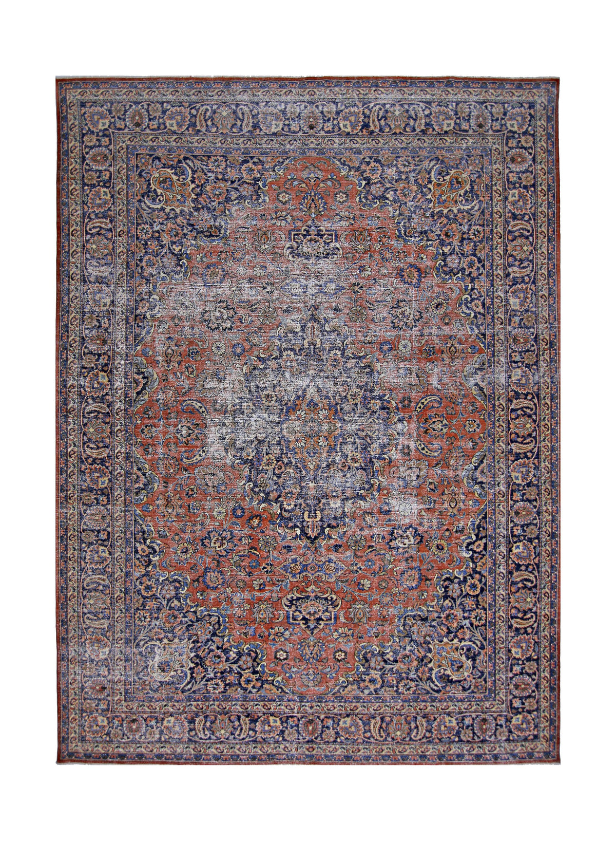 Hand-knotted vintage Persian Kashan rug featuring a central medallion, intricate floral patterns, and deep red and blue tones.