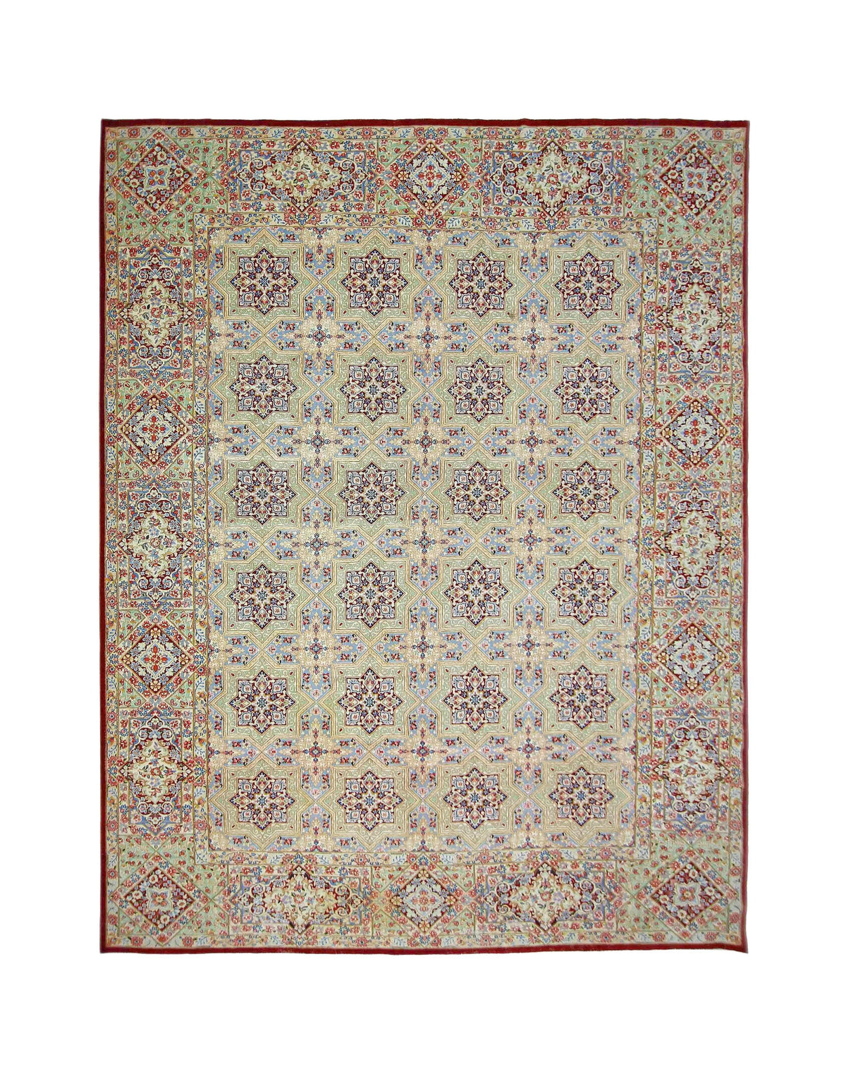 Hand-knotted vintage Persian Kerman rug featuring an intricate floral geometric pattern in soft red, blue, and cream tones.