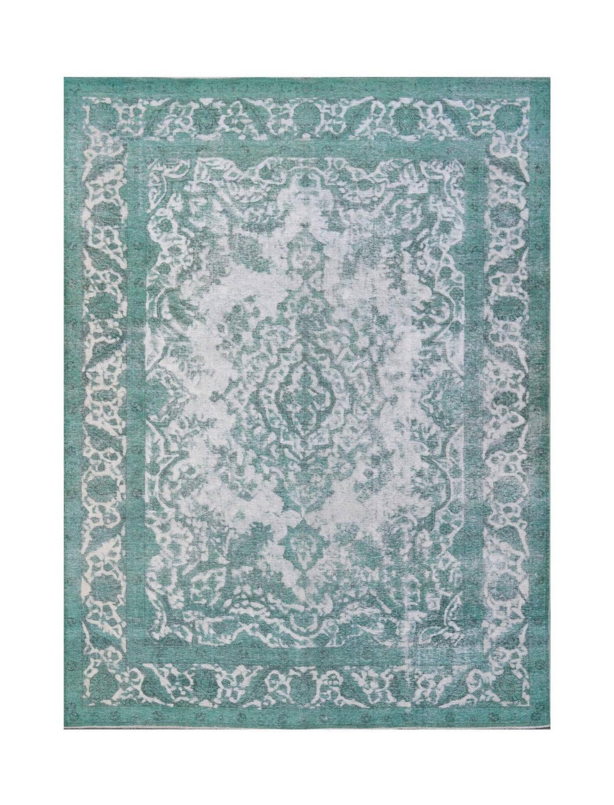 Vintage hand-knotted Persian Tabriz wool rug featuring a distressed teal and white floral medallion pattern.