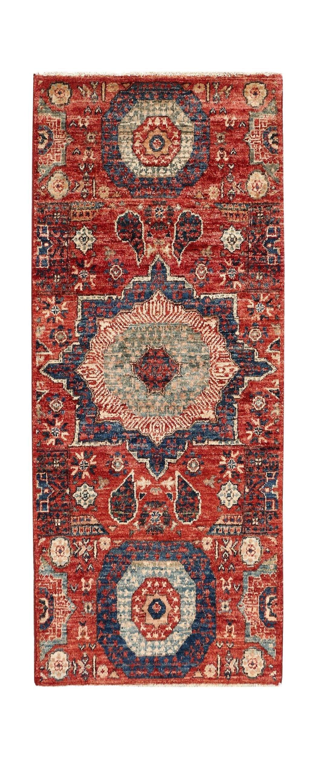 An Afghan Chobi runner rug featuring a traditional Mamluk medallion design in red and blue tones.