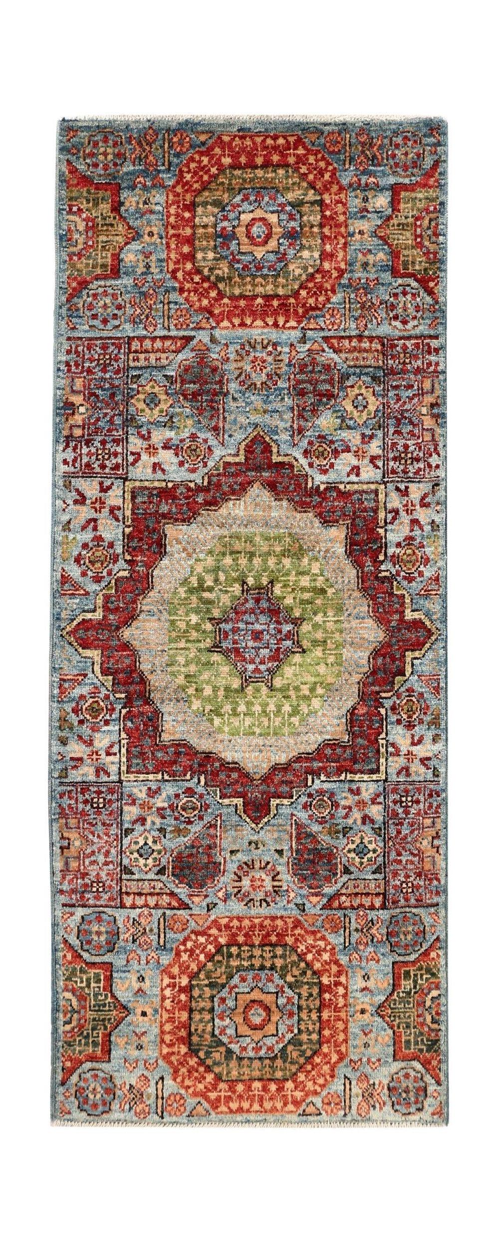 An Afghan Chobi runner rug featuring a traditional Mamluk medallion design in red, blue, and green.