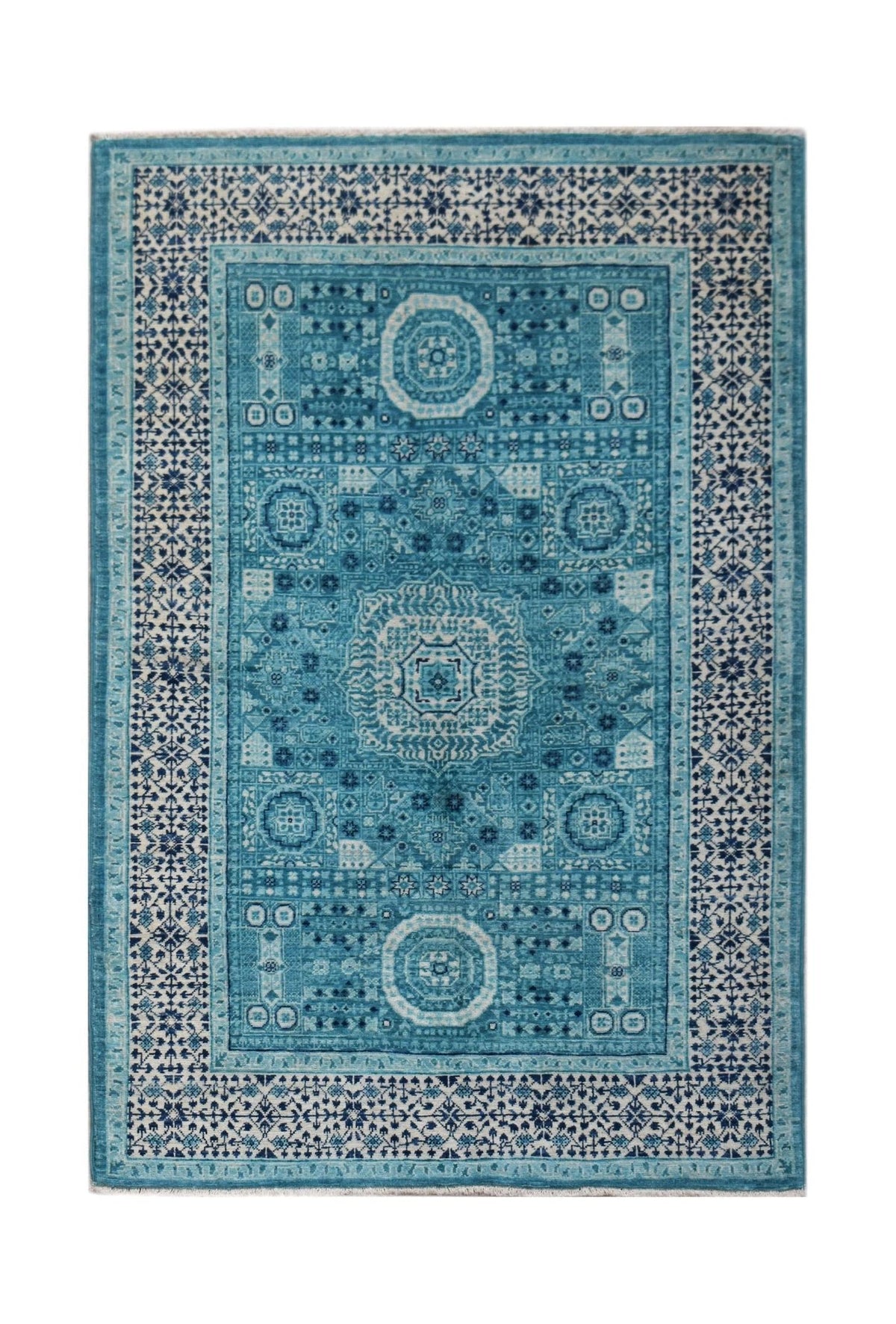 Hand-knotted Afghan Balkh rug featuring a blue Mamluk geometric pattern with repeating octagons and a detailed border.