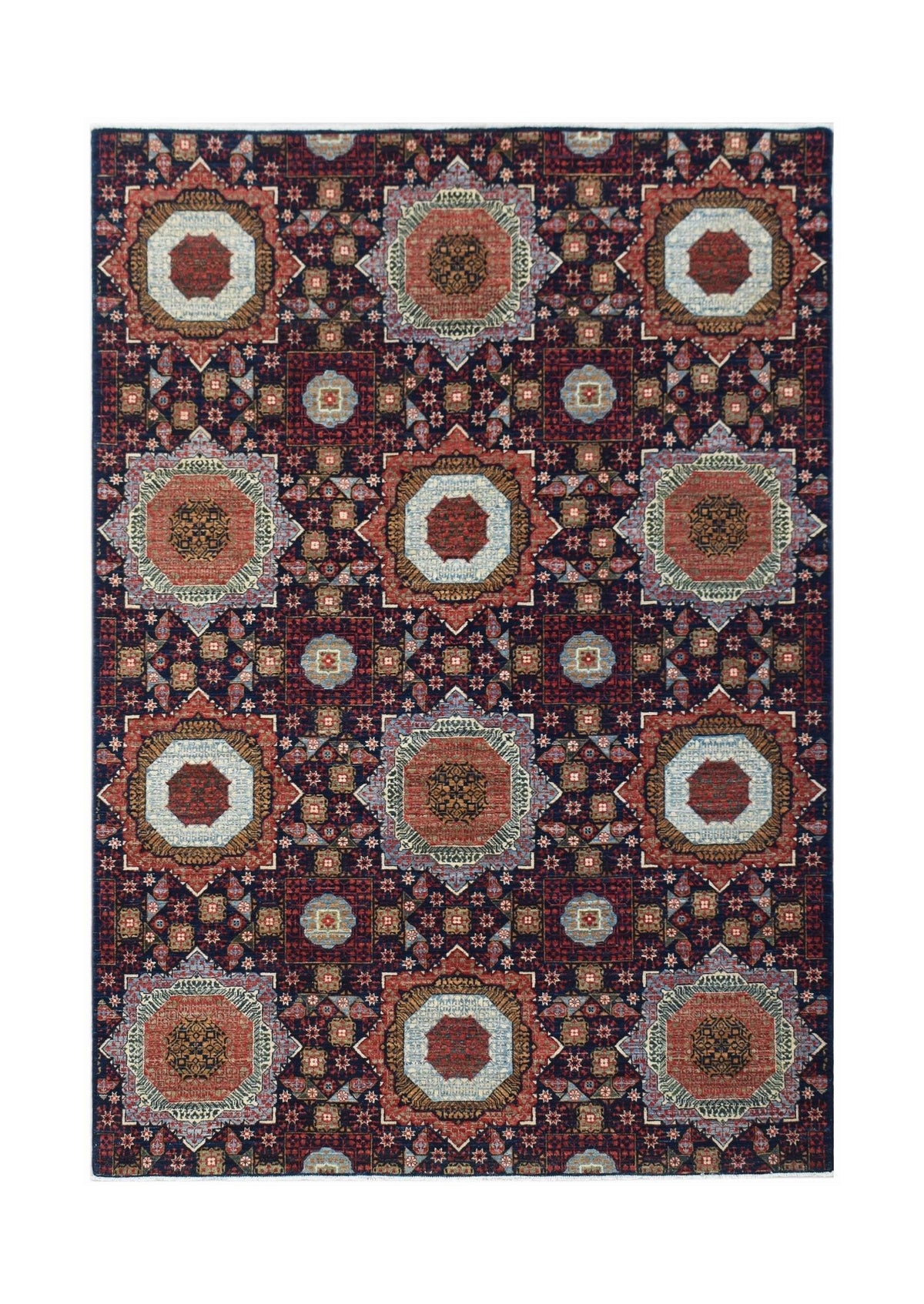 Hand-knotted Afghan Balkh rug featuring a geometric Mamluk design with repeating octagons in deep jewel tones.