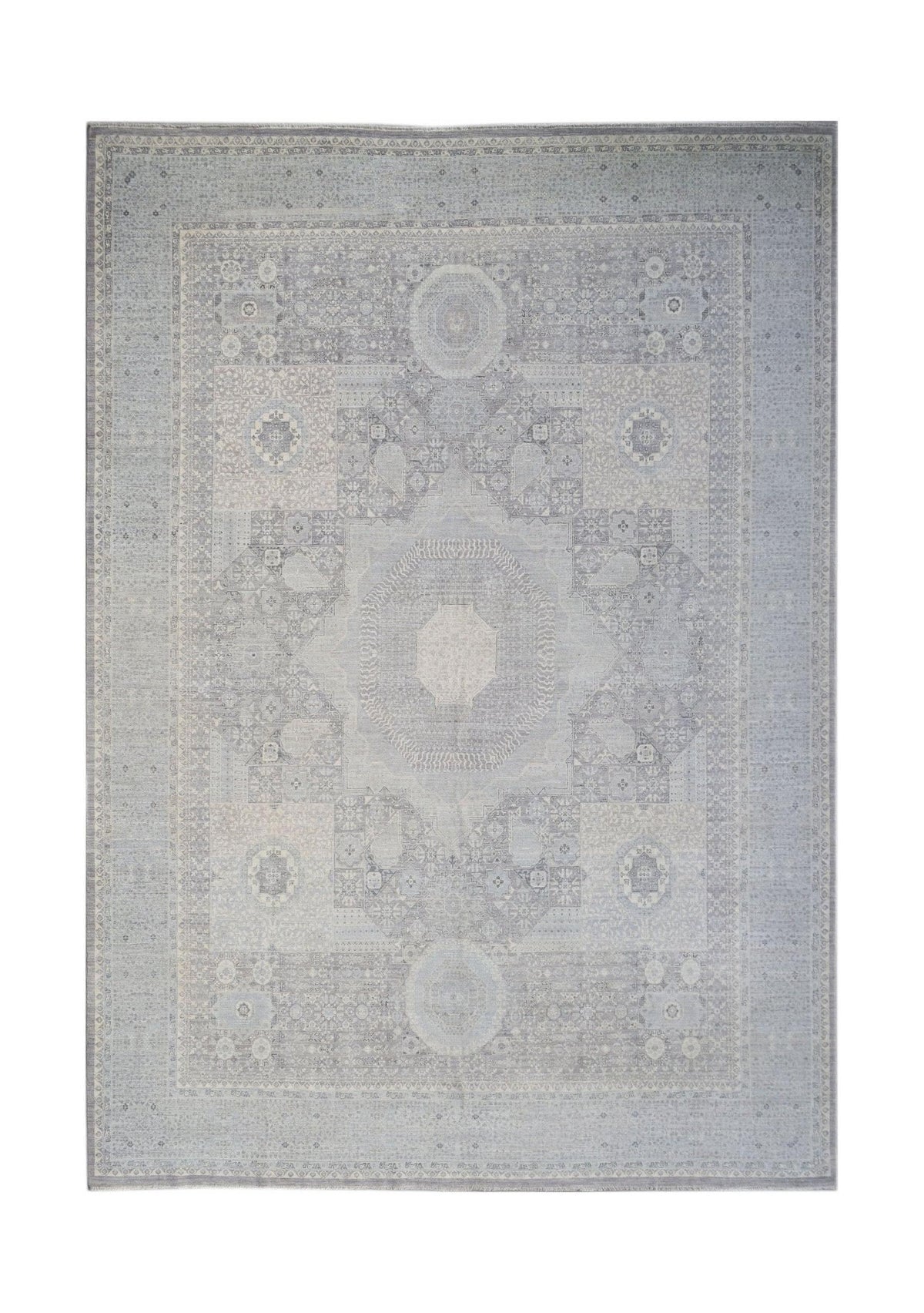A handwoven Afghan Balkh rug featuring a detailed Mamluk medallion pattern in shades of grey.