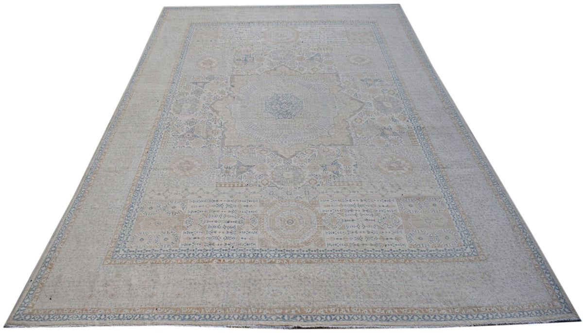 Handwoven Afghan Balkh rug featuring a traditional Mamluk medallion pattern in neutral tones.