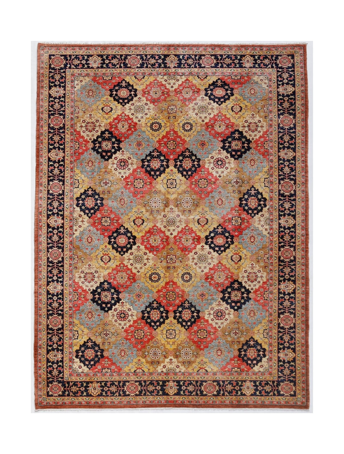 Hand-knotted Afghan Balkh rug featuring a geometric floral pattern in red, blue, and gold wool with a dark border and fringe.