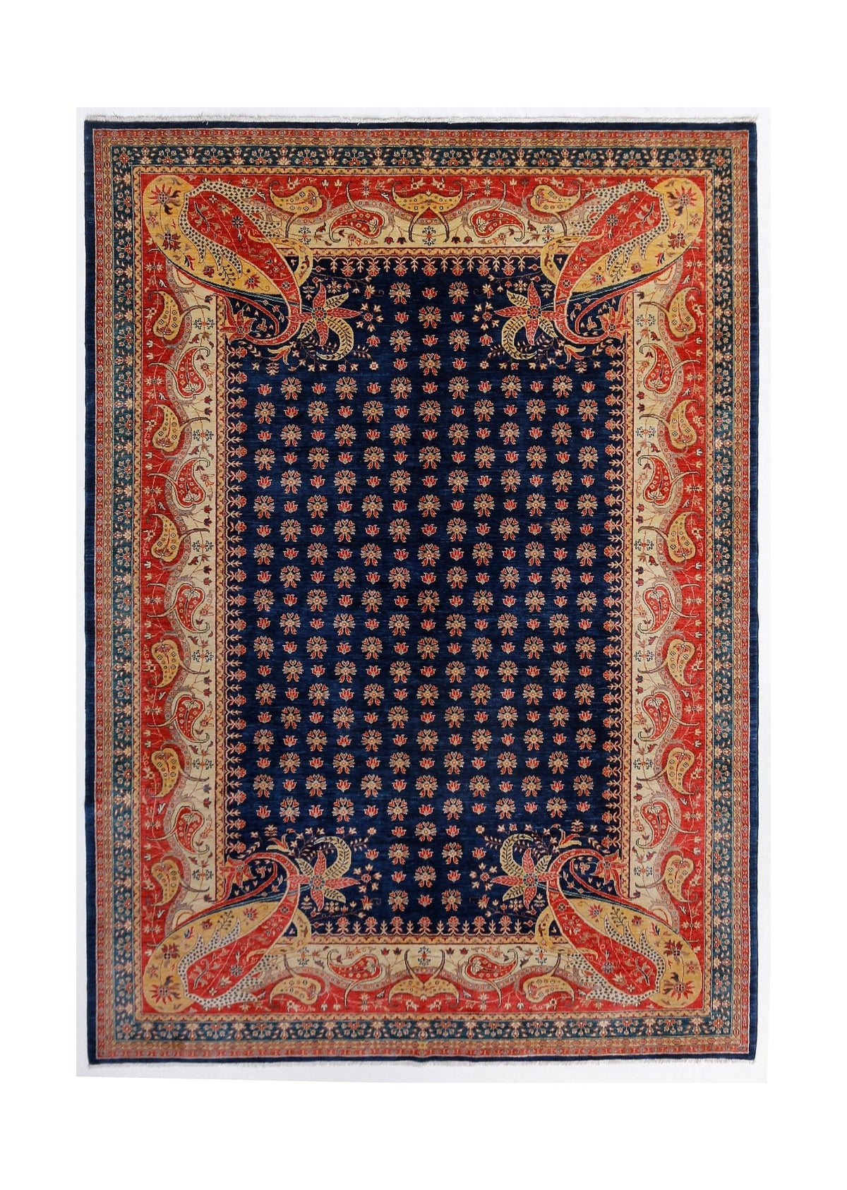 Hand-knotted Afghan Balkh rug featuring a navy blue floral field with a detailed red and cream paisley border.