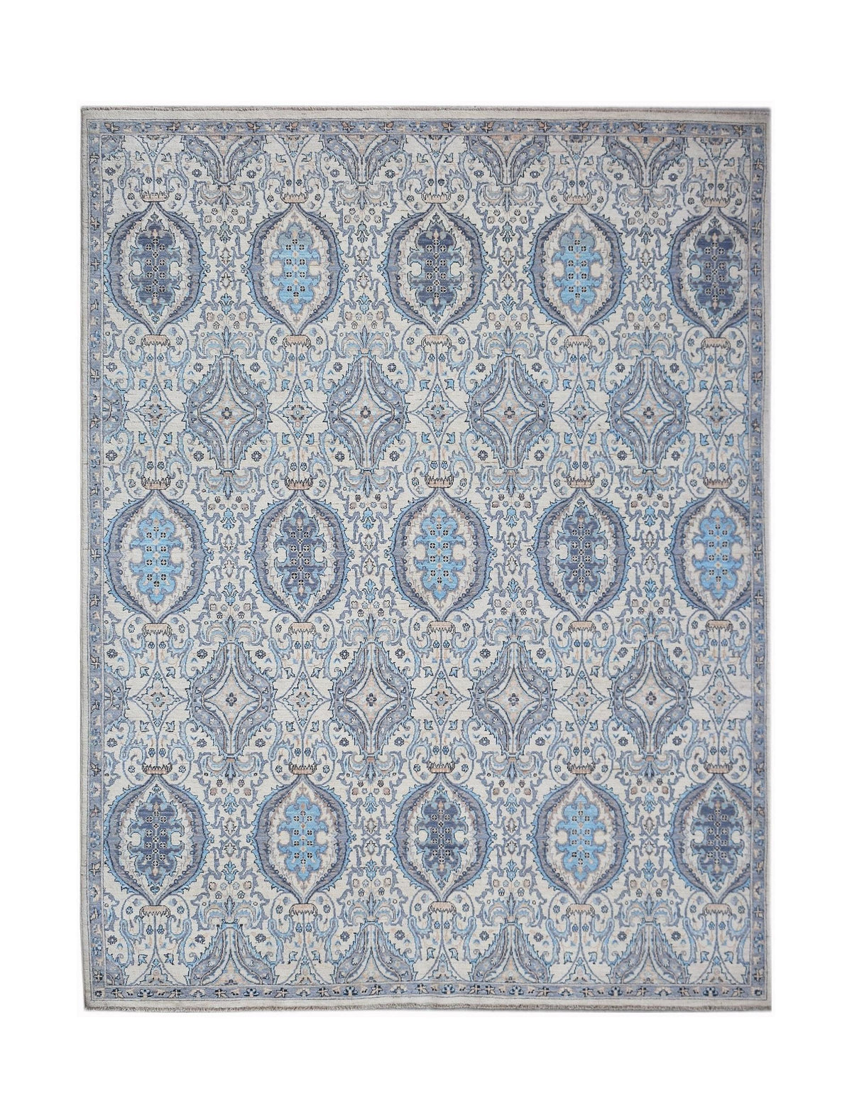 Hand-knotted Afghan Balkh rug featuring a detailed blue and grey floral medallion pattern on a cream wool background.