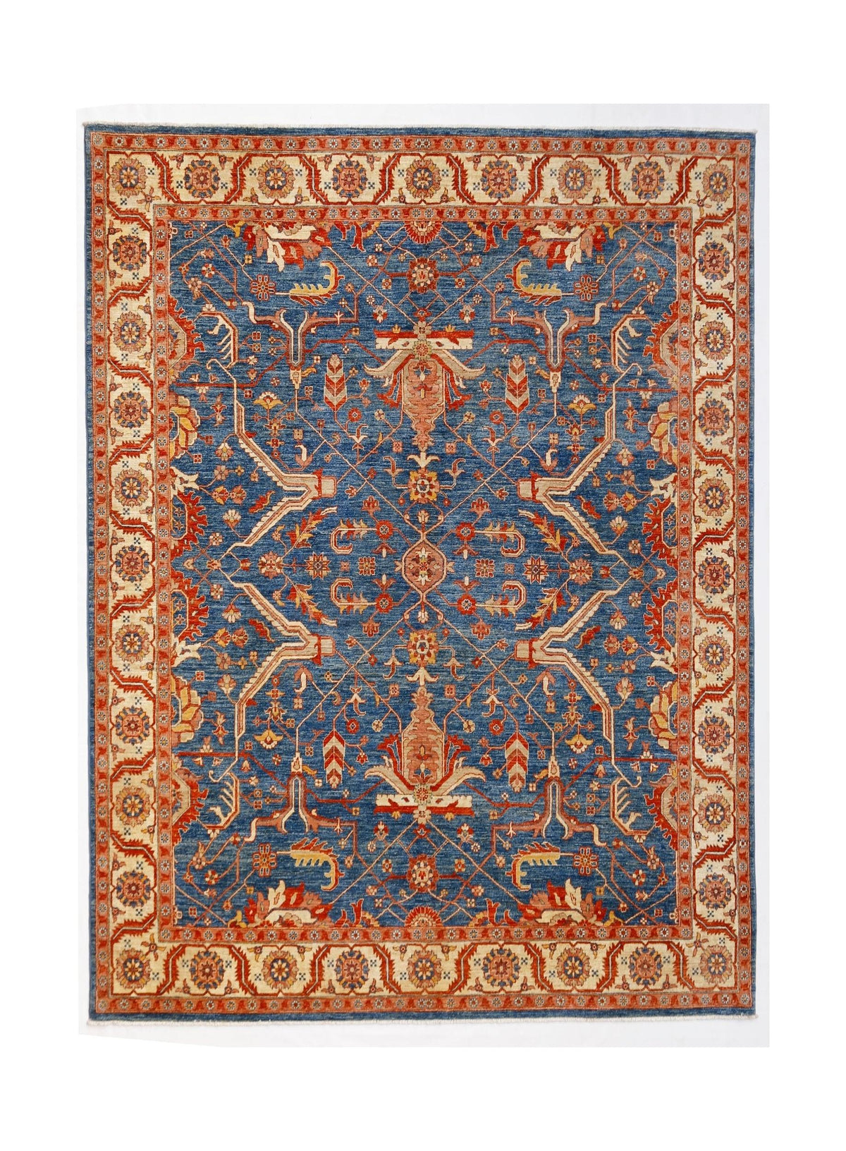 Hand-knotted Afghan Balkh rug featuring a detailed blue field with intricate floral motifs in red and cream tones.
