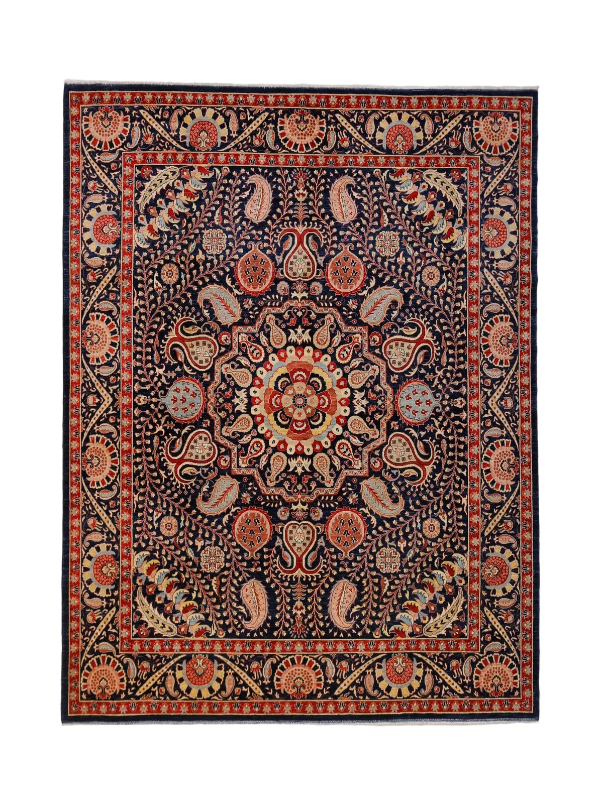 Hand-knotted Afghan Balkh rug featuring a navy blue field with intricate red and cream floral paisley patterns.