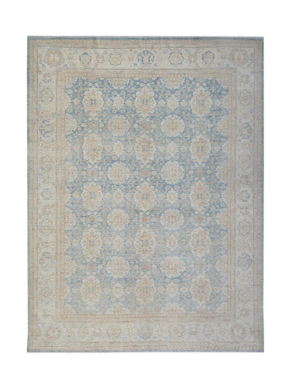 Hand-knotted Afghan Balkh rug featuring a traditional blue and beige floral medallion pattern with a fine wool pile.