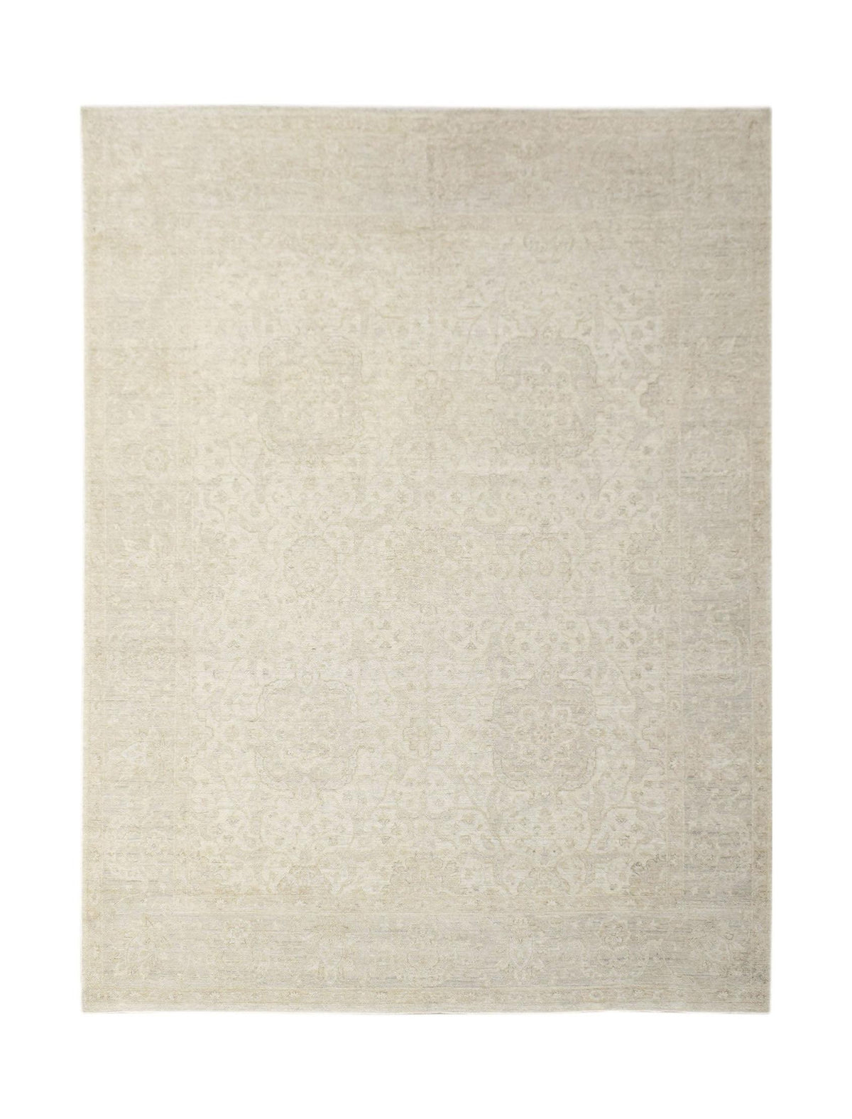 Hand-knotted Afghan Balkh rug in a soft cream and beige palette with a subtle, intricate traditional floral pattern.