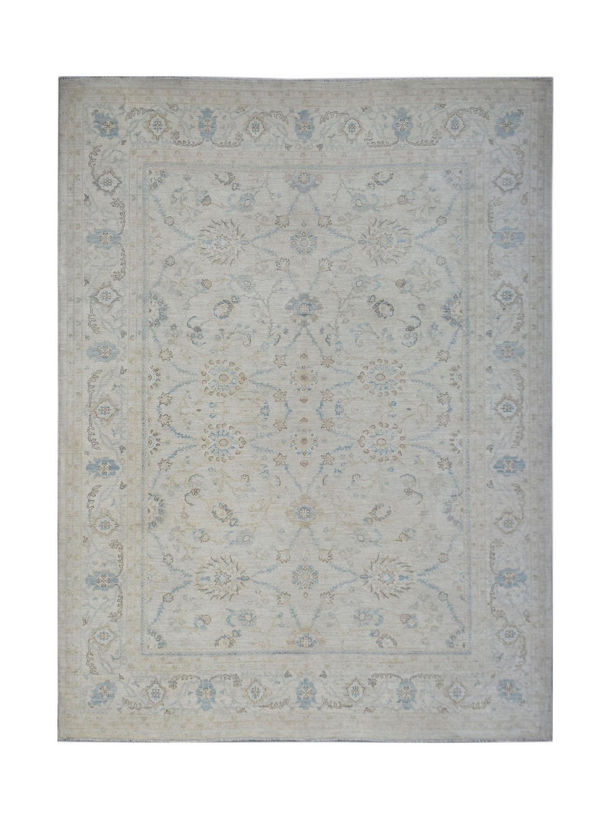 Hand-knotted Afghan Balkh rug in cream with delicate blue and beige floral motifs and a fine, dense wool pile.