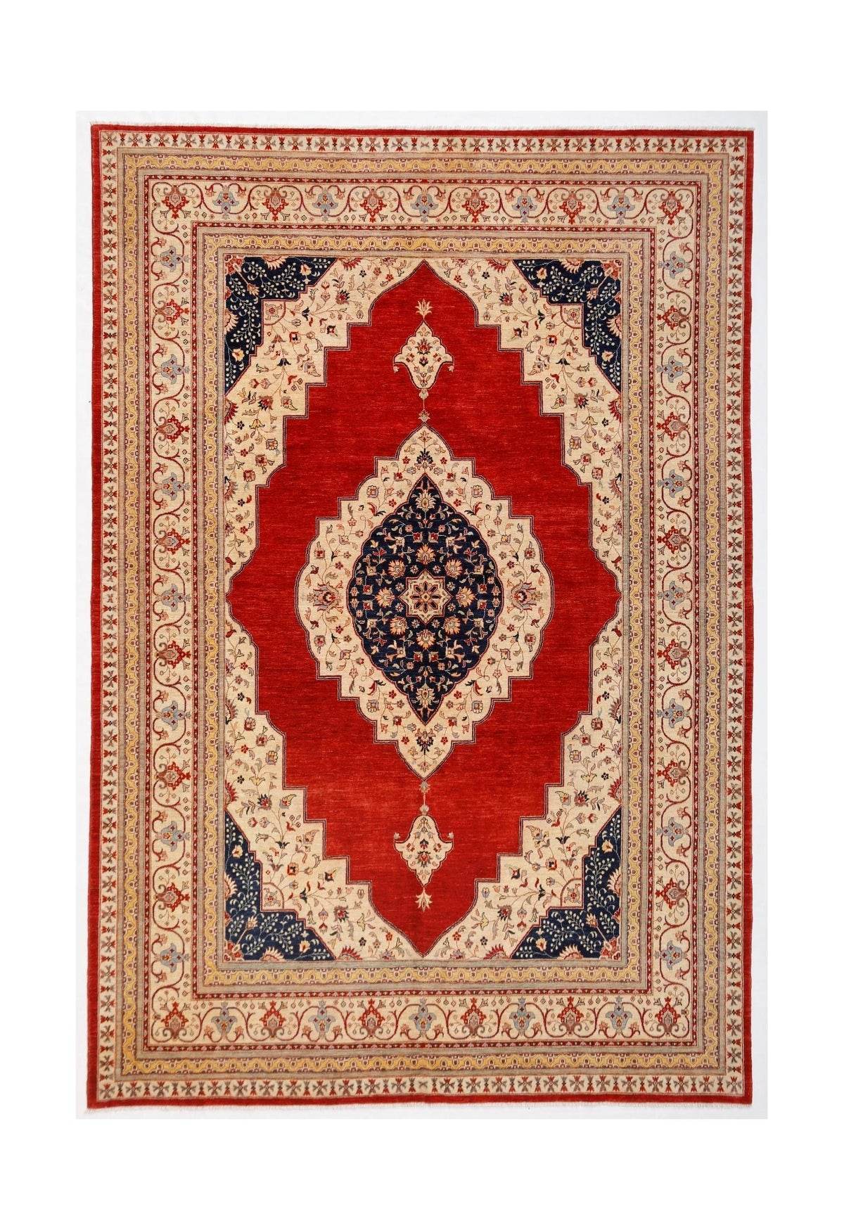 A rectangular Afghan Balkh rug featuring a central navy medallion on a red field with floral motifs.