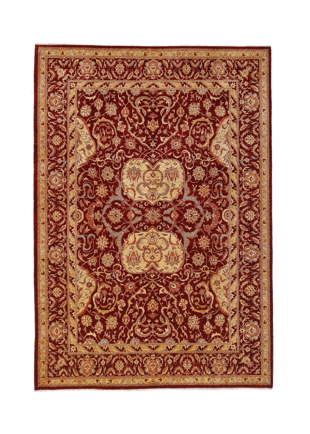 A rectangular Afghan Balkh rug featuring a traditional floral pattern in red, cream, and gold.