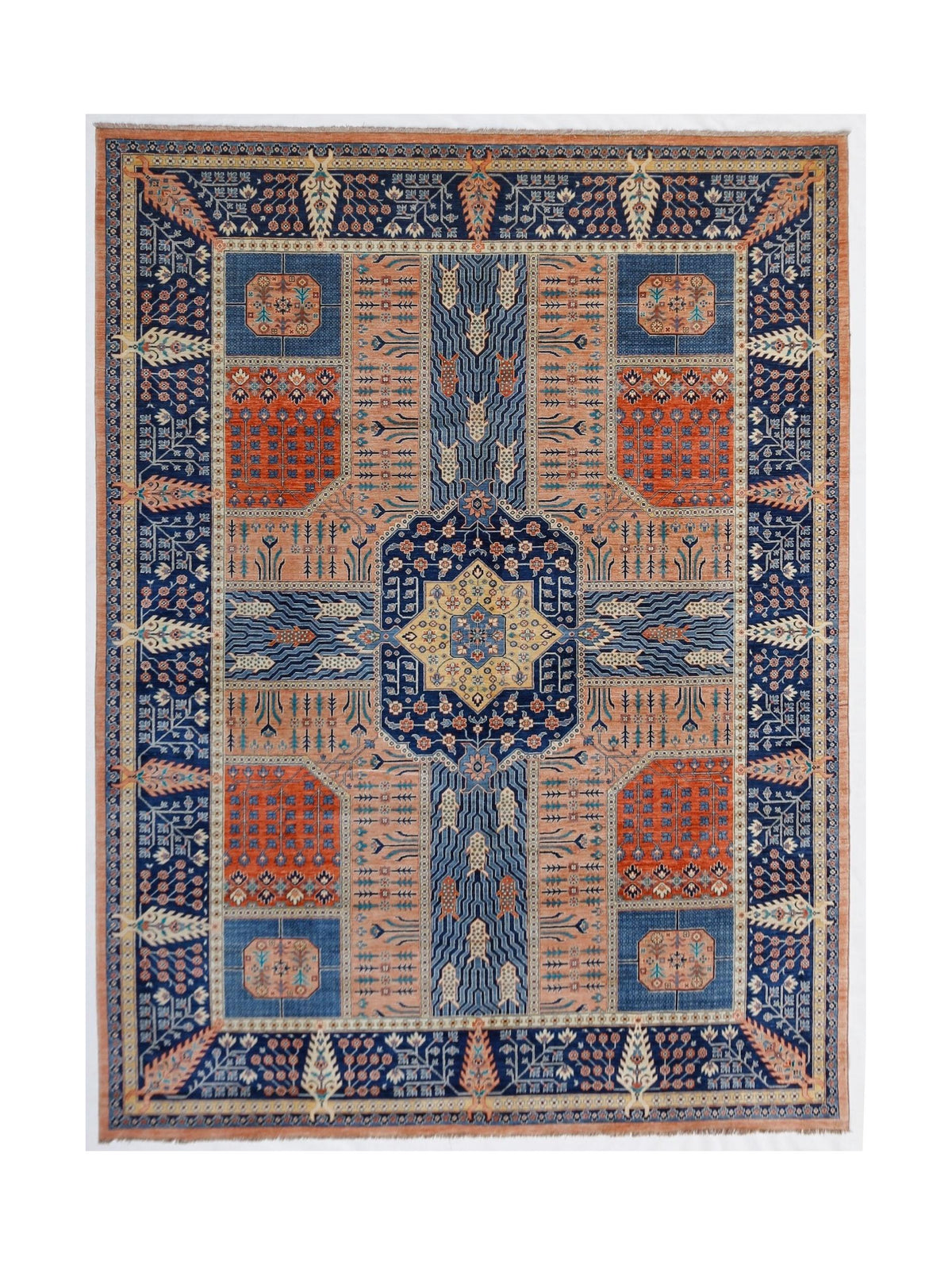 A rectangular Afghan Balkh rug featuring a geometric pattern in blue, orange, and cream tones.