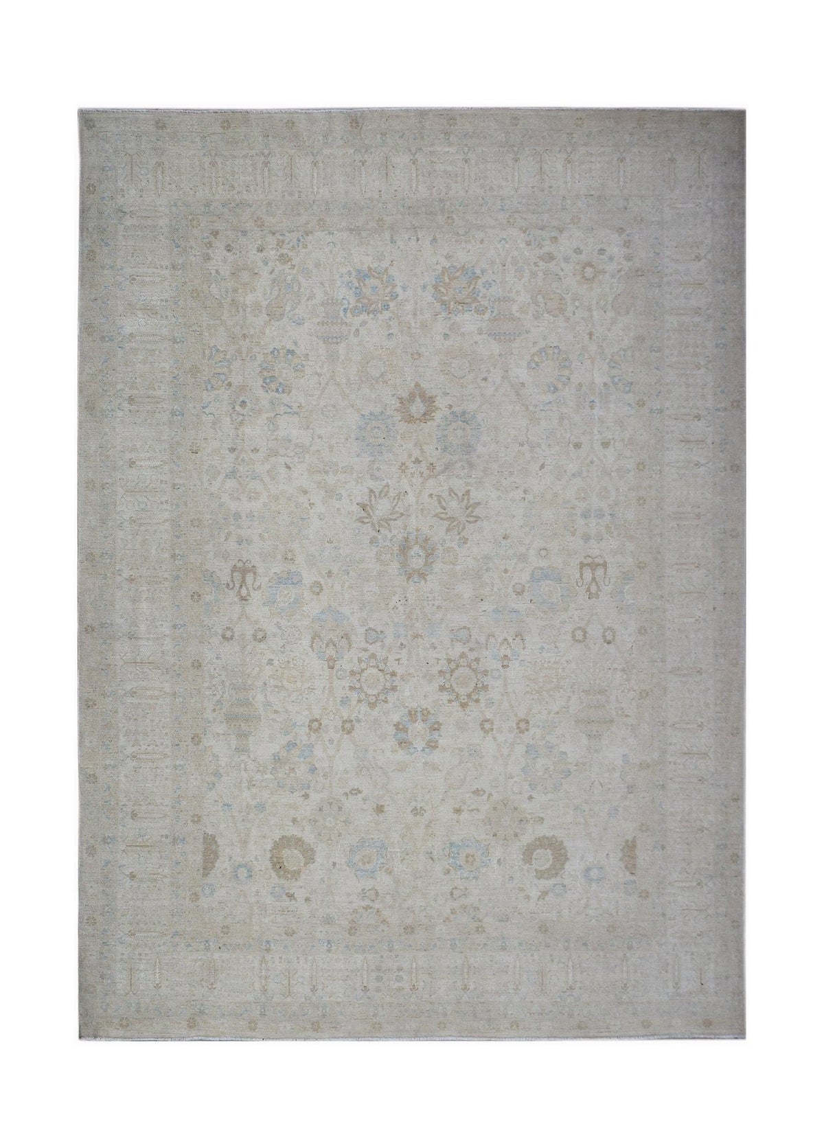 Hand-knotted Afghan Balkh rug featuring a delicate floral pattern in soft beige, cream, and muted blue tones.