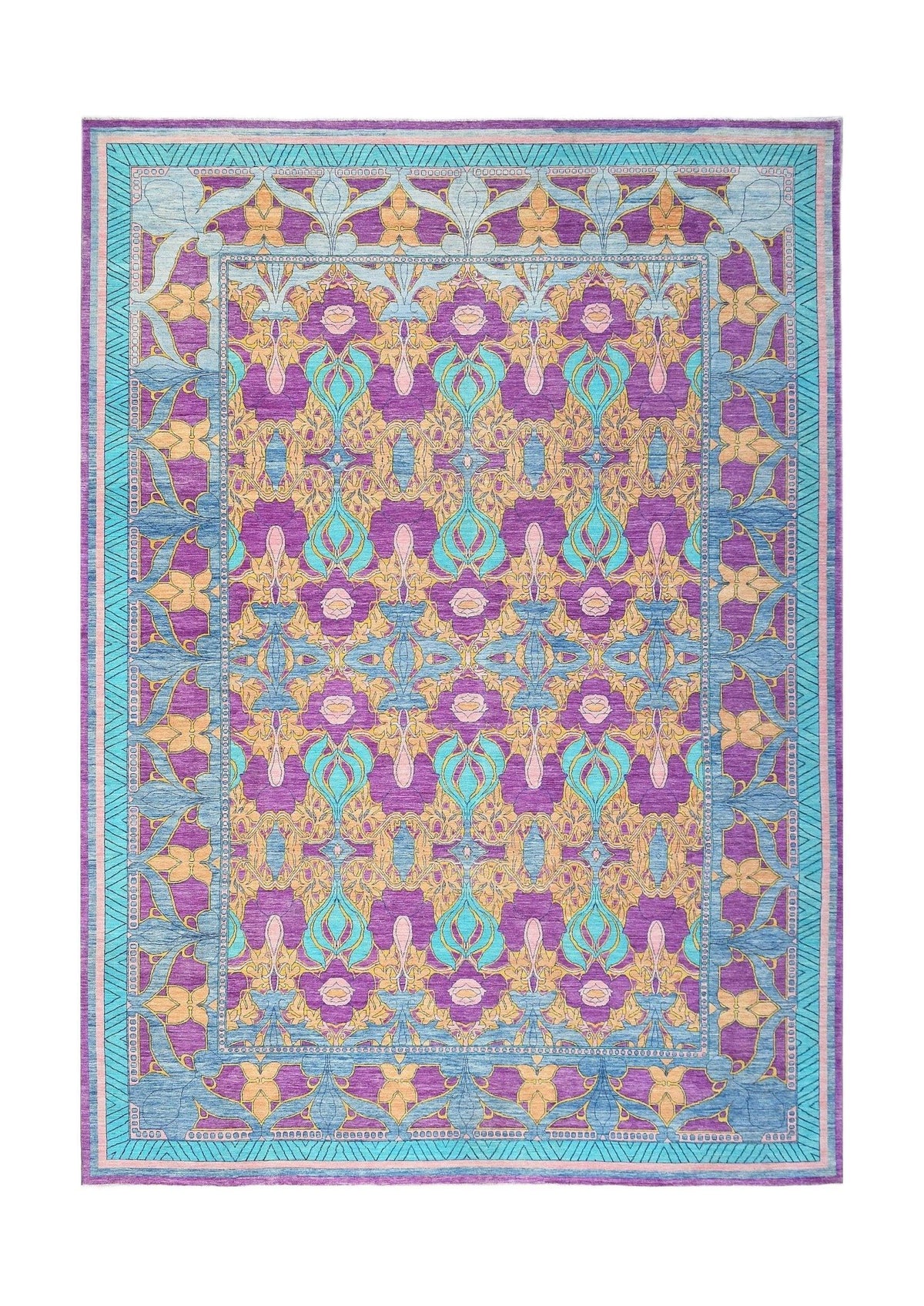 Handwoven Afghan Balkh rug featuring a vibrant floral pattern in purple, blue, and gold tones.