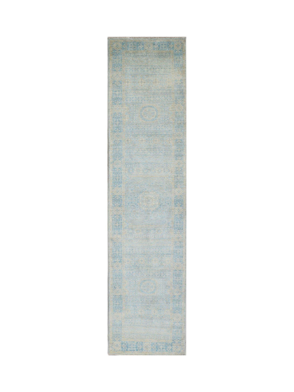 Hand-knotted Afghan runner rug in soft blue and cream tones with a traditional Mamluk geometric pattern.