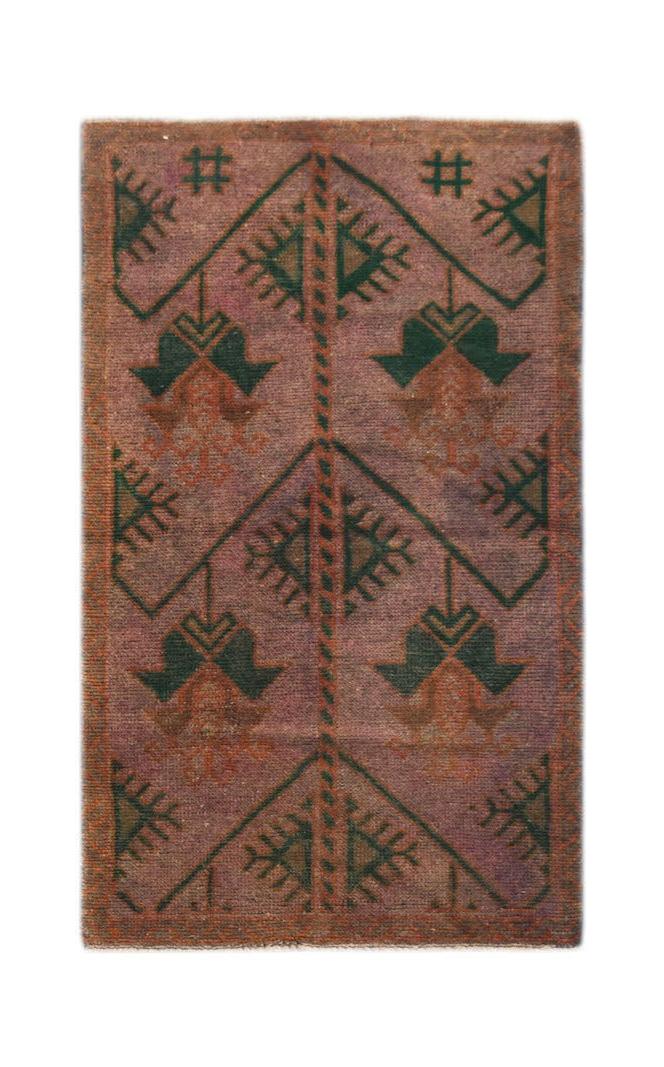 Handmade Afghan Baluch rug featuring a geometric pattern in dark green on a muted purple background.