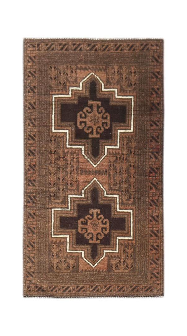 Handmade Afghan Baluch rug featuring two dark brown geometric medallions on a brown field.