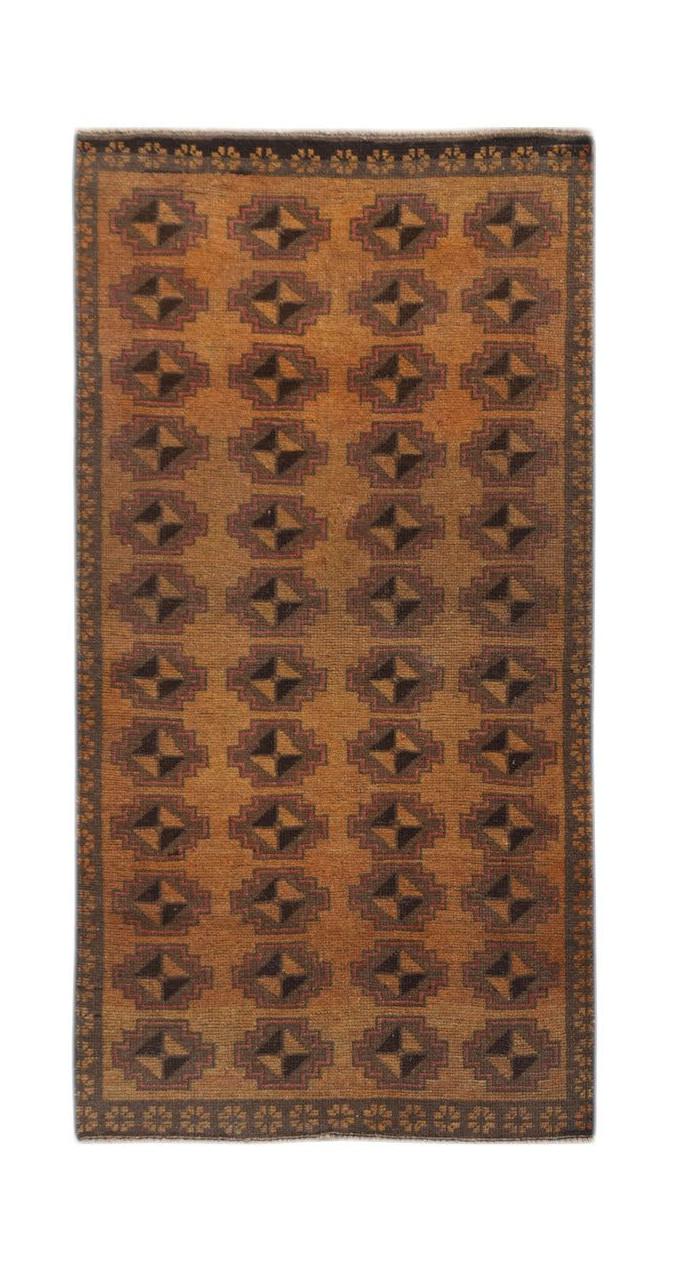 Handmade Afghan Baluch rug featuring a repeating geometric diamond pattern in warm brown tones.