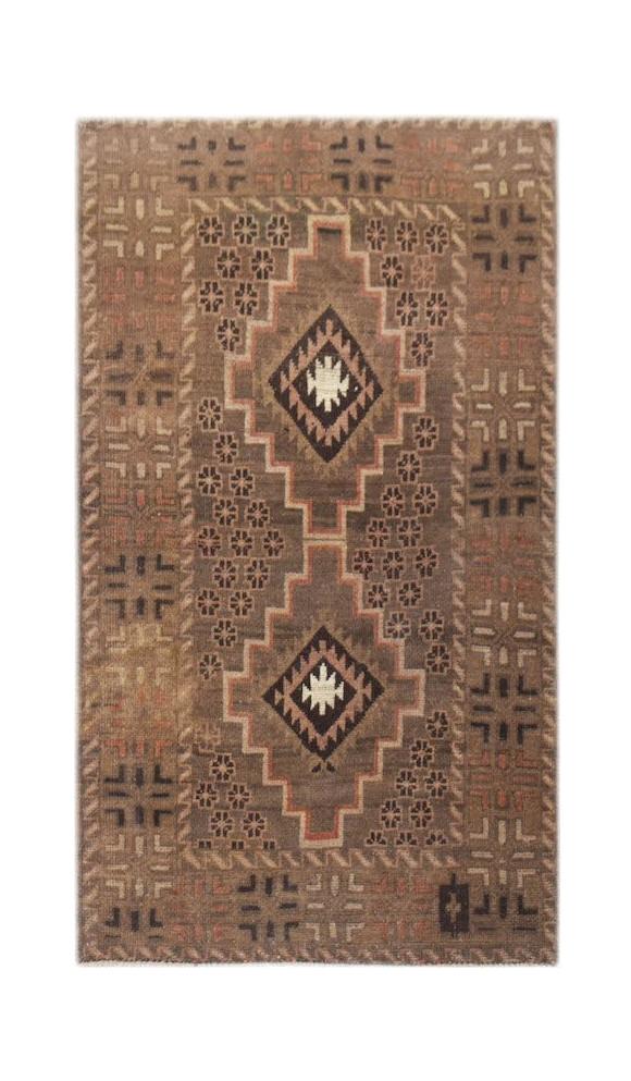 Handmade Afghan Baluch wool rug featuring a brown geometric pattern with two central diamonds.
