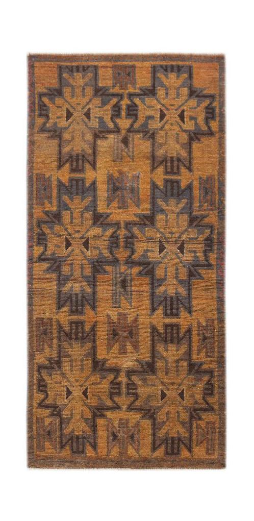Handmade Afghan Baluch rug featuring a geometric pattern in shades of brown and dark charcoal.