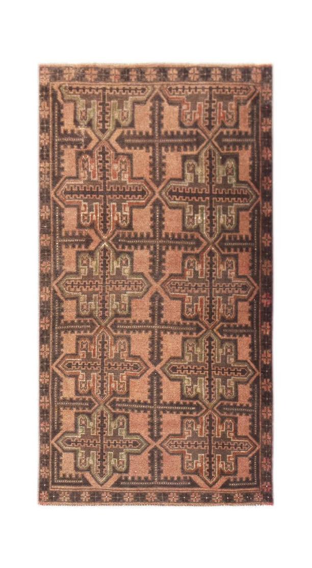 Handmade Afghan Baluch rug featuring a geometric cross pattern in shades of brown and tan.
