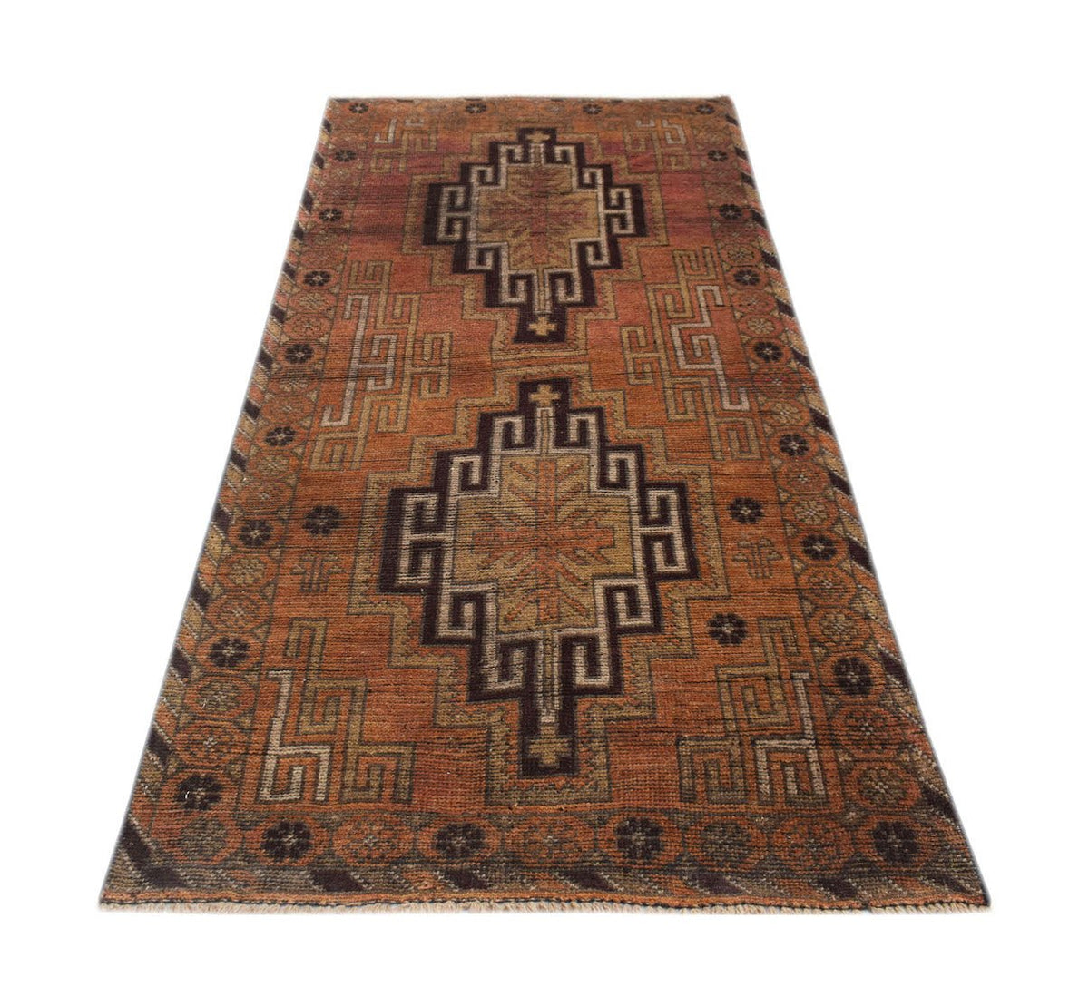 Handmade Afghan Baluch rug featuring geometric diamond motifs in shades of orange and brown.