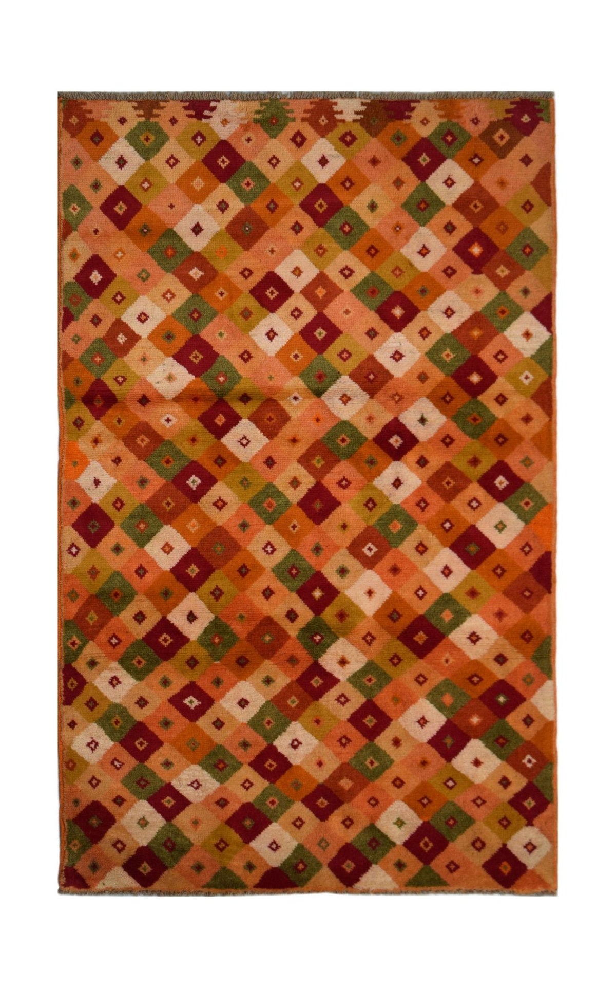 Handmade Afghan Baluch rug featuring a geometric diamond pattern in shades of red, green, and ivory.