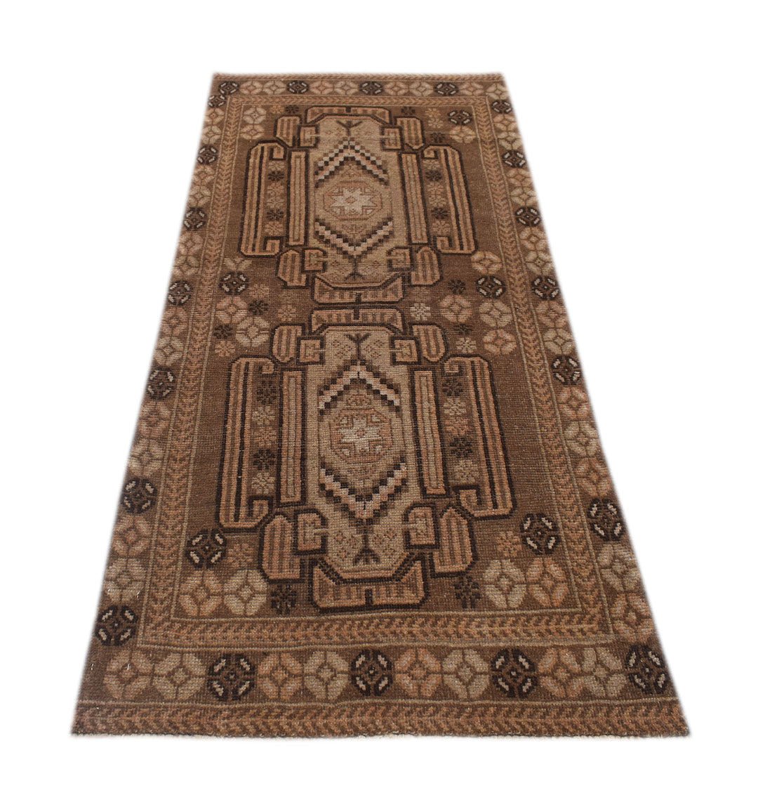 A handmade Afghan Baluch runner rug featuring geometric patterns in shades of brown and tan.