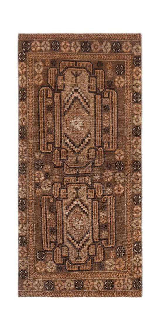 Handmade Afghan Baluch rug featuring geometric tribal patterns in shades of brown and tan.