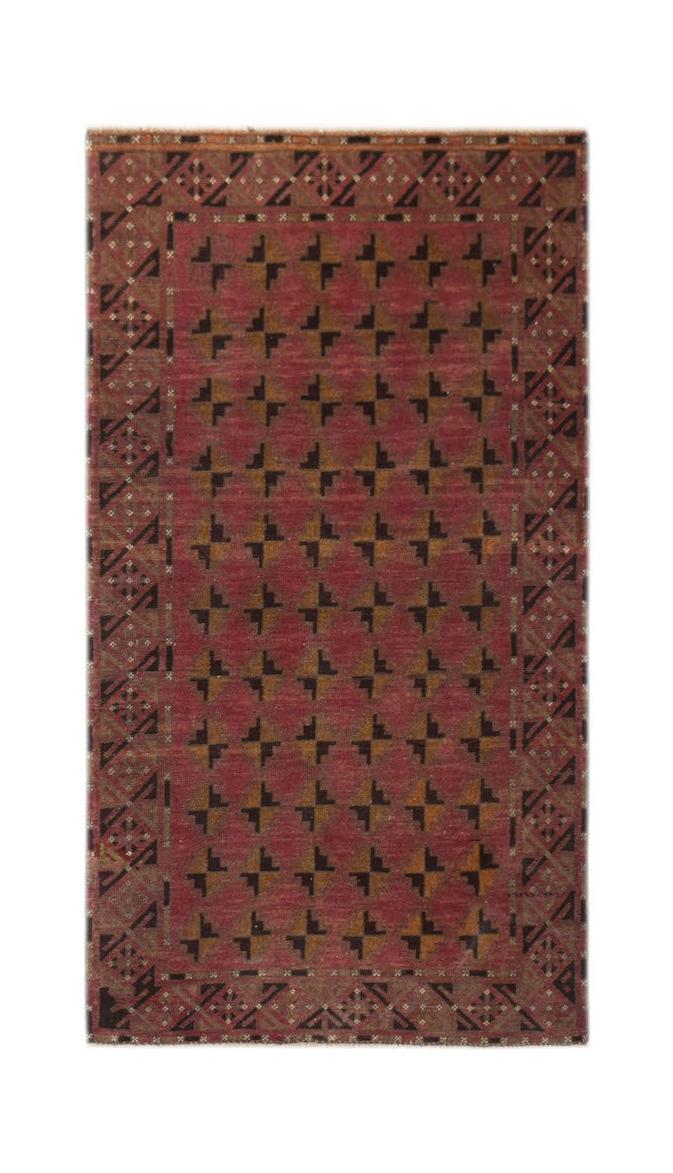 Handmade Afghan Baluch rug featuring a geometric pattern in red, black, and brown wool.