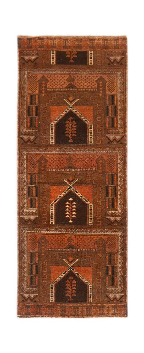 A handmade Afghan Baluch runner rug featuring three repeating mihrab arch motifs in shades of brown.