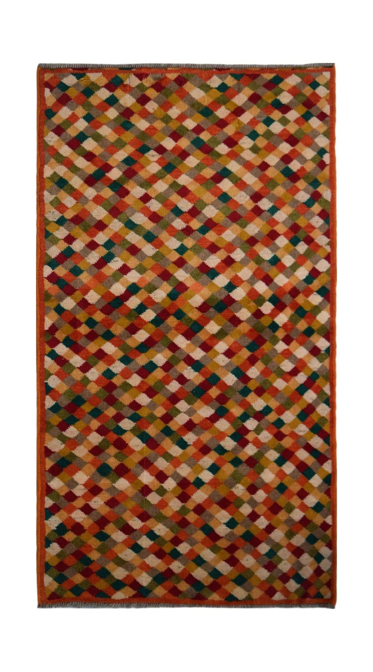 Handmade Afghan Baluch rug featuring a colorful diamond pattern in wool.