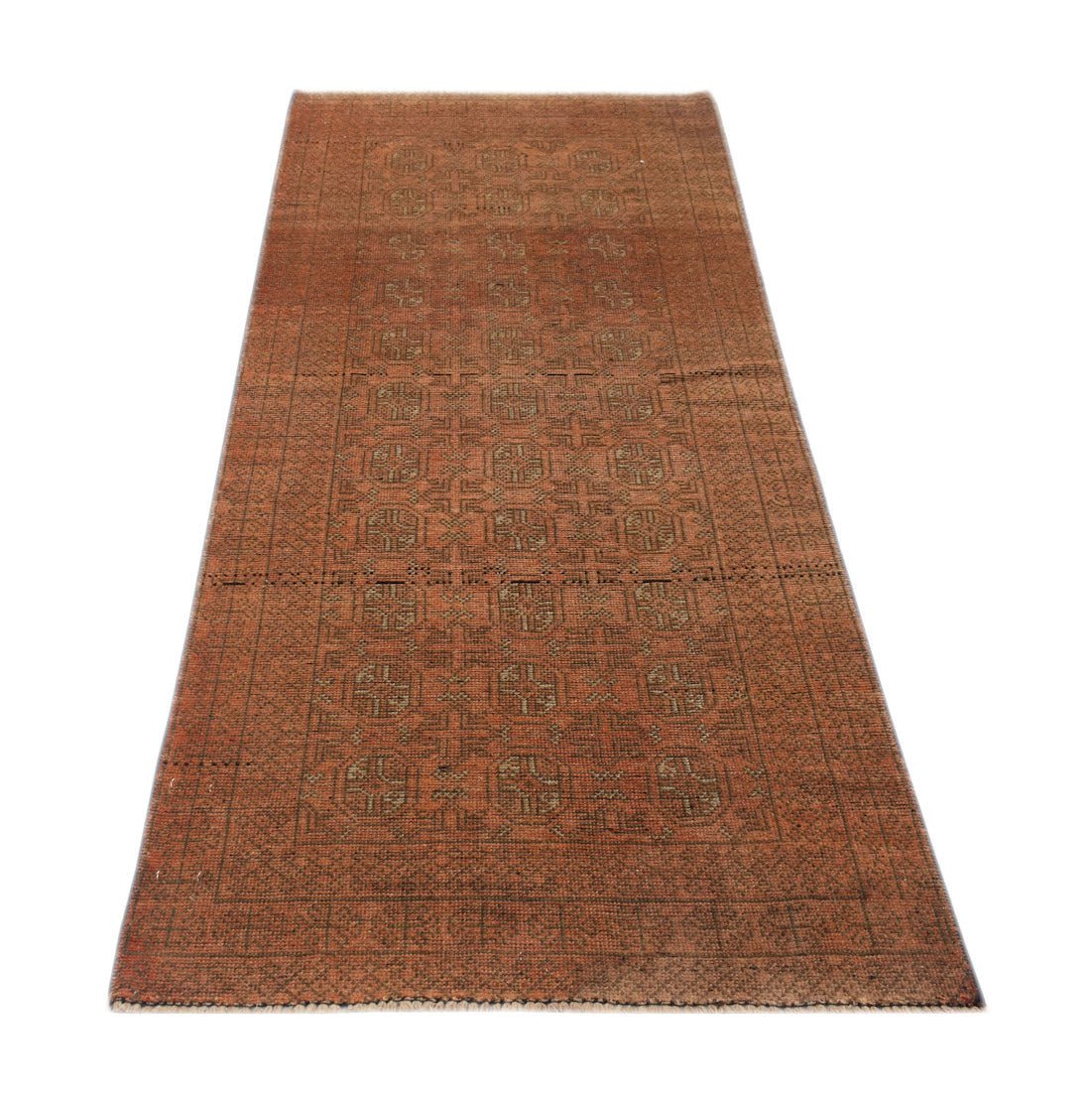 A handmade Afghan Baluch runner rug featuring a repeating geometric pattern in shades of rust red.