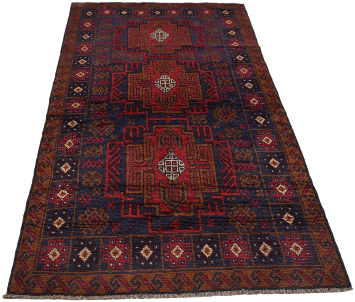 Handmade Afghan Baluch rug featuring geometric patterns in dark red, brown, and blue tones.