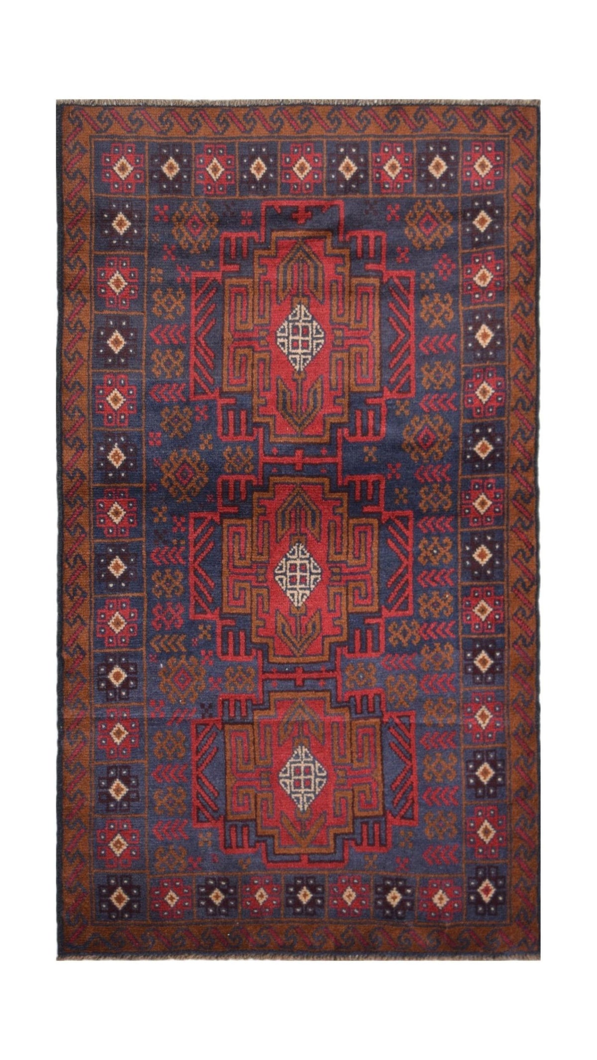 Handmade Afghan Baluch wool rug featuring geometric patterns in dark red, blue, and brown tones.
