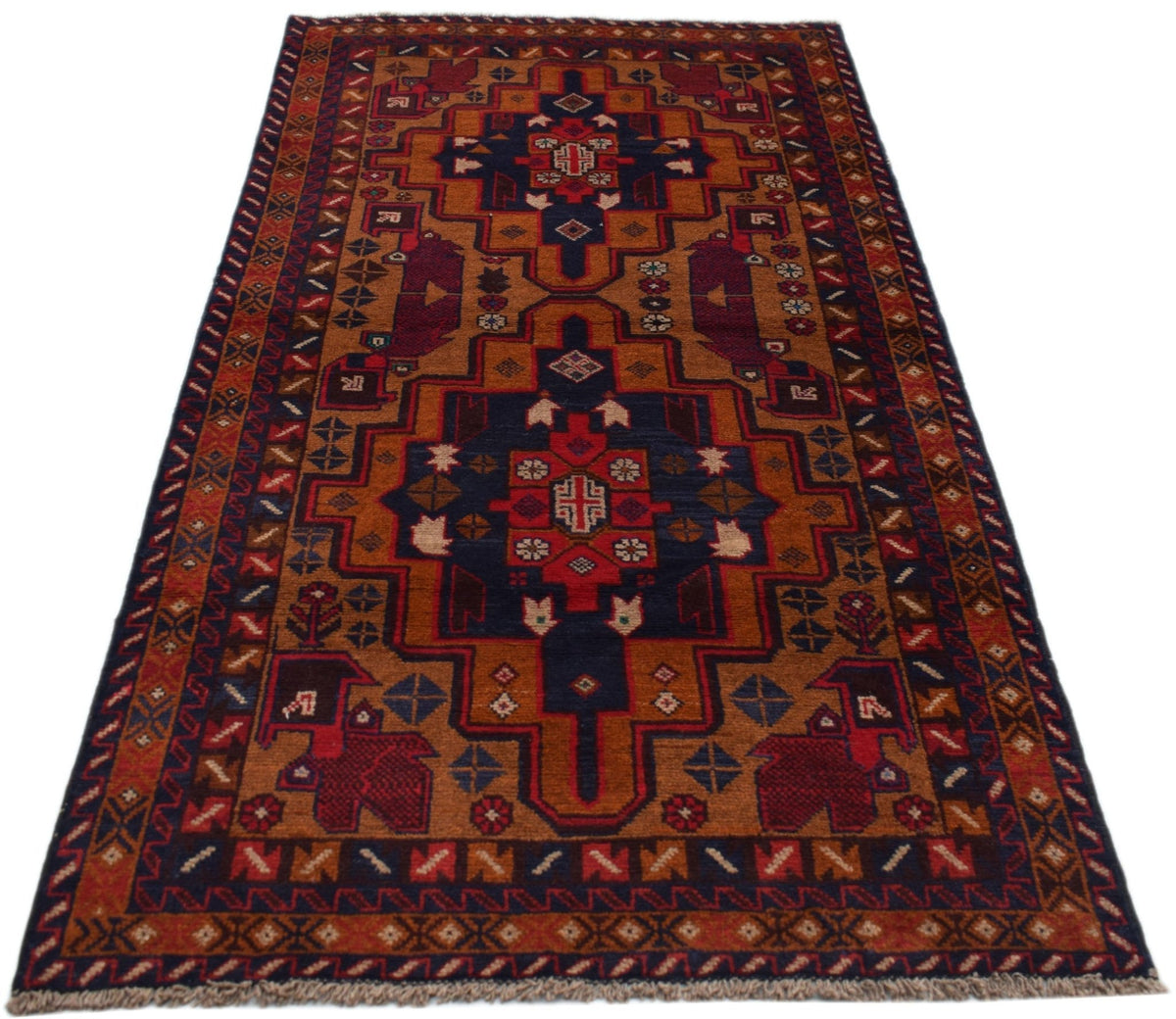 Handmade Afghan Baluch wool rug featuring a geometric tribal pattern in red, blue, and brown.