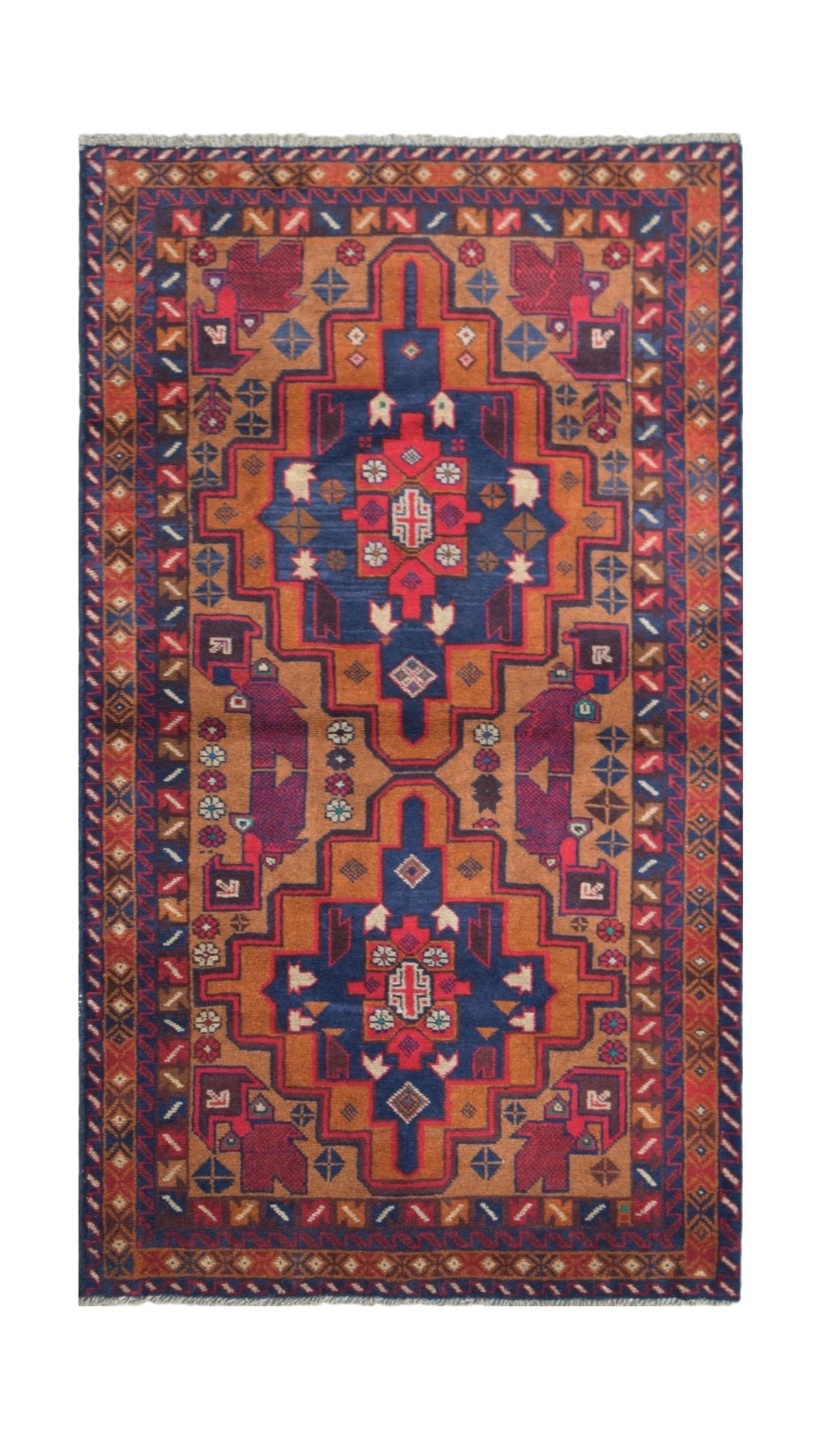 Handmade Afghan Baluch wool rug featuring geometric patterns in deep red, blue, and brown tones.