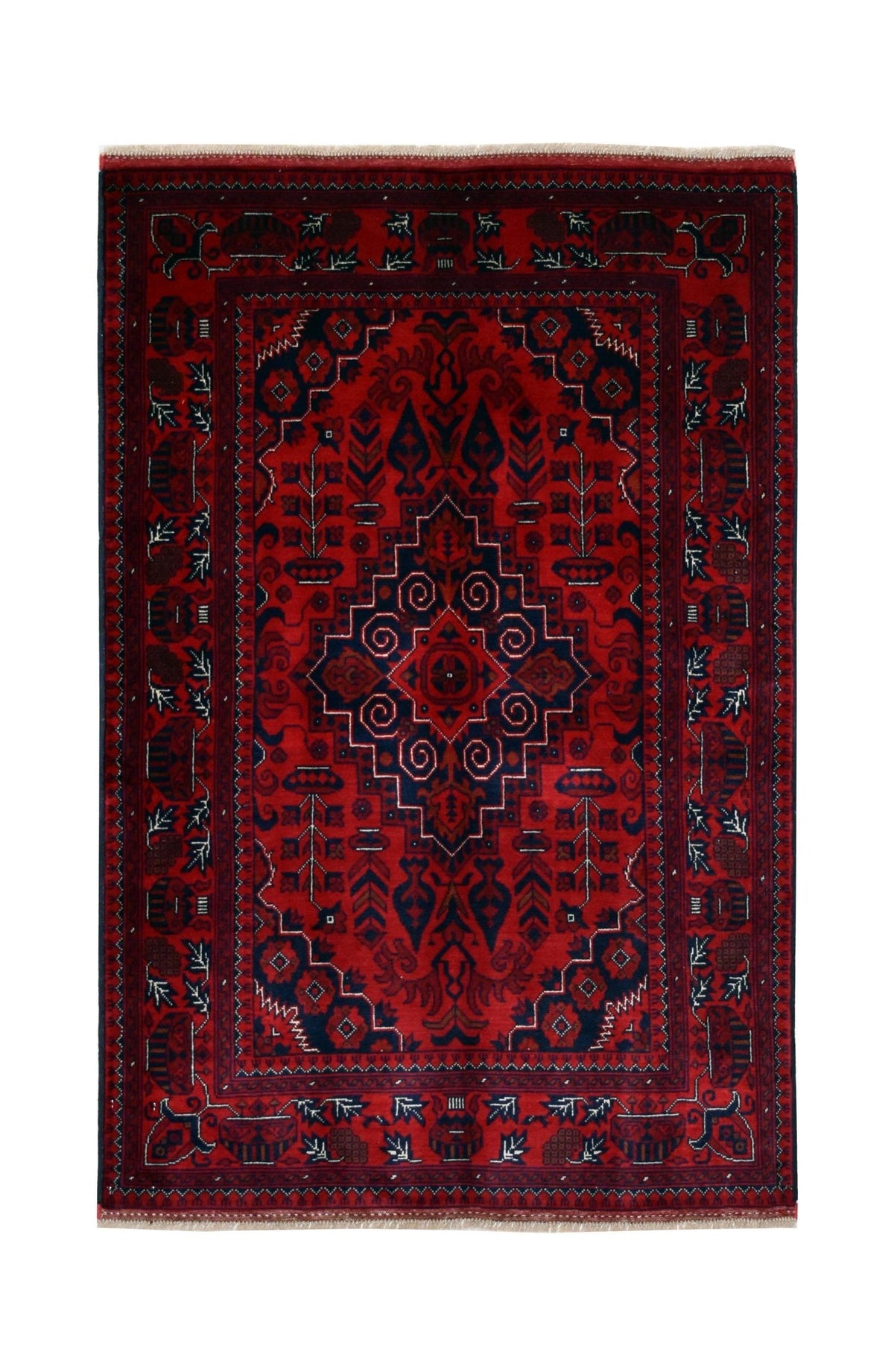 Hand-knotted Afghan Biljik rug featuring bold geometric tribal patterns in deep red and navy blue with a short fringe.