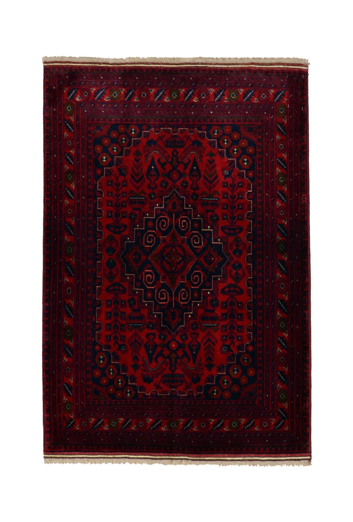 Hand-knotted Afghan Biljik rug featuring deep red and blue geometric tribal patterns with a short cream fringe.