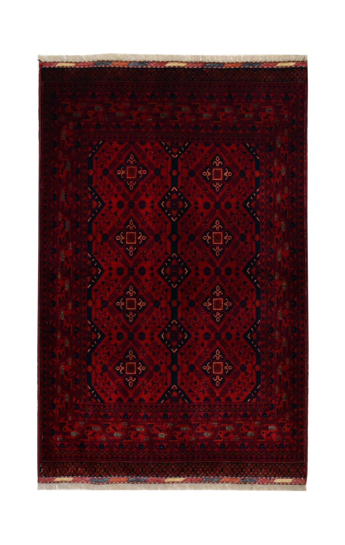 Handmade Afghan Biljik rug featuring a deep red field with repeating geometric diamond patterns.